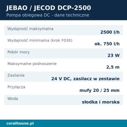 Pompa obiegowa do akwarium Jebao DCP-2500 z kontrolerem 2500 l/h 23 W – dane techniczne