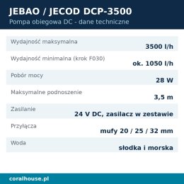 Pompa obiegowa do akwarium Jebao DCP-3500 z kontrolerem 3500 l/h 28 W – dane techniczne