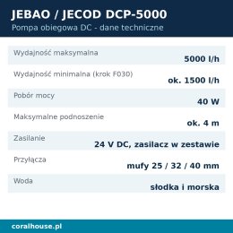 Pompa obiegowa do akwarium Jebao DCP-5000 z kontrolerem 5000 l/h 40 W – dane techniczne