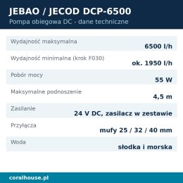 Pompa obiegowa do akwarium Jebao DCP-6500 z kontrolerem 6500 l/h 55 W – dane techniczne
