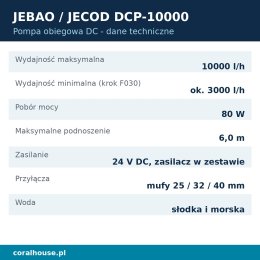 Pompa obiegowa do akwarium Jebao DCP-10000 z kontrolerem 10000 l/h 80 W – dane techniczne