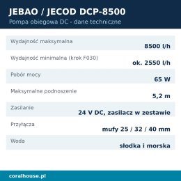 Pompa obiegowa do akwarium Jebao DCP-8500 z kontrolerem 8500 l/h 65 W – dane techniczne