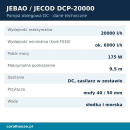 Pompa obiegowa do akwarium Jebao DCP-20000 z kontrolerem 20000 l/h 175 W – dane techniczne