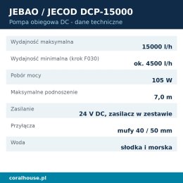 Pompa obiegowa do akwarium Jebao DCP-15000 z kontrolerem 15000 l/h 120 W – dane techniczne