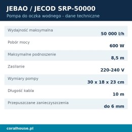 Pompa do oczka wodnego Jebao Jecod SRP-50000 50000 l/h 600 W – dane techniczne