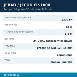 Pompa obiegowa do akwarium Jebao EP-1000 z kontrolerem 1000 l/h 12 W – dane techniczne