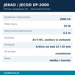 Pompa obiegowa do akwarium Jebao EP-2000 z kontrolerem 2000 l/h 20 W – dane techniczne