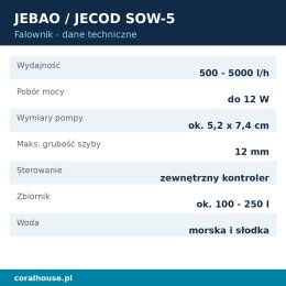 Falownik do akwarium morskiego Jebao SOW-5 z kontrolerem 5000 l/h 12 W – dane techniczne
