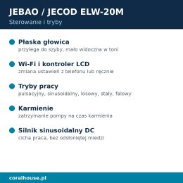 Cyrkulator do akwarium Jebao ELW-20M płaski 10000 l/h 20 W Wi-Fi – sterowanie i tryby