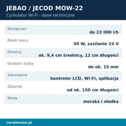 Cyrkulator do akwarium Jebao MOW-22 22000 l/h 50 W Wi-Fi – dane techniczne