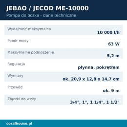 Pompa do oczka wodnego Jebao ME-10000 10000 l/h 63 W – dane techniczne