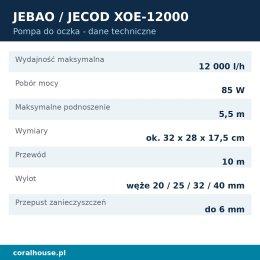 Pompa do oczka wodnego Jecod XOE-12000 fontannowa 12000 l/h 85 W – dane techniczne