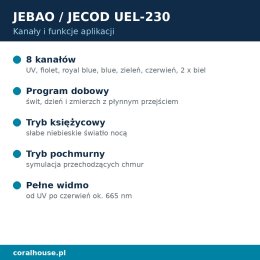 Lampa LED do akwarium morskiego Jebao UEL-230 230 W Wi-Fi – kanały i funkcje aplikacji