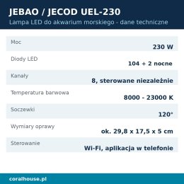 Lampa LED do akwarium morskiego Jebao UEL-230 230 W Wi-Fi – dane techniczne